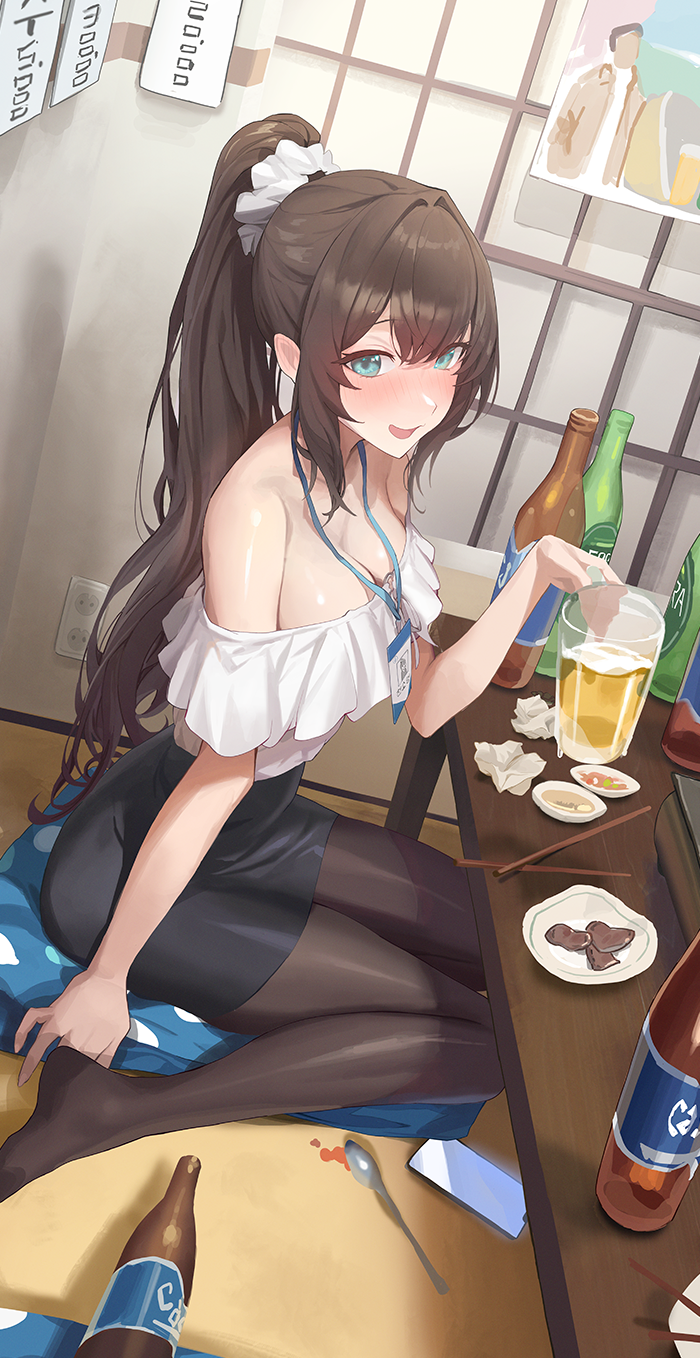 1girl :d alcohol artist_request bare_shoulders black_hair black_pantyhose black_skirt blue_eyes blush bottle breasts brown_hair brown_pantyhose cleavage commentary commission cup drinking_glass frilled_shirt frills green_eyes hair_ornament hair_scrunchie high-waist_skirt highres id_card indoors large_breasts long_hair looking_at_viewer medium_breasts miniskirt no_shoes nose_blush off-shoulder_shirt off_shoulder office_lady open_mouth original pantyhose pencil_skirt ponytail scrunchie second-party_source shirt short_sleeves sidelocks sitting skirt smile solo thighs very_long_hair wariza white_shirt