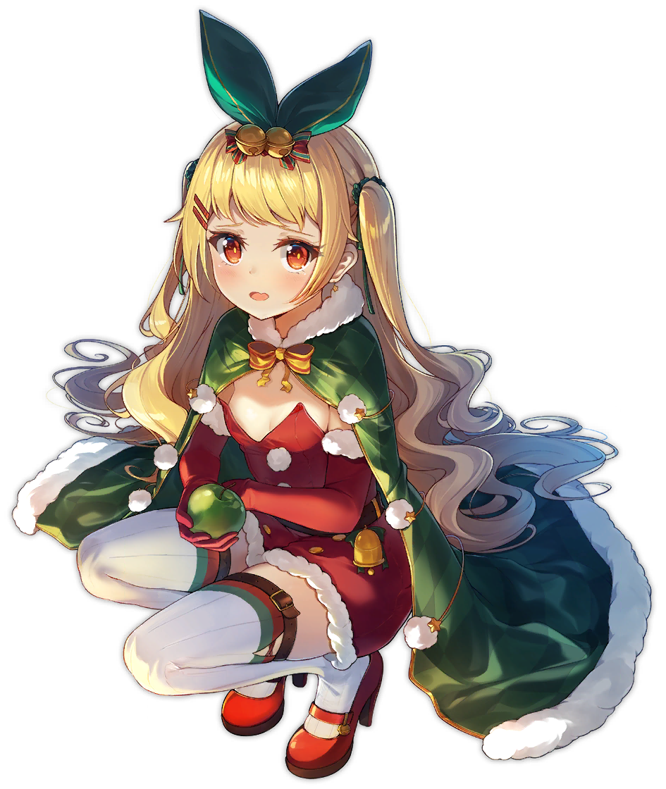 &gt;_&lt; 1girl azur_lane bangs bell bird blonde_hair box breasts cape chick christmas christmas_ornaments christmas_tree copyright_name dango_remi dress elbow_gloves fur-trimmed_cape fur-trimmed_gloves fur_trim gift gift_box gloves green_cape hair_bell hair_ornament hairclip high_heels jenkins_(azur_lane) jenkins_(light_of_the_holiest_star)_(azur_lane) jingle_bell lamp long_hair looking_at_viewer manjuu_(azur_lane) official_alternate_costume official_art open_mouth outdoors red_dress red_eyes red_footwear red_gloves sack santa_costume scarf small_breasts snow solo squatting strapless strapless_dress thighhighs twintails white_thighhighs