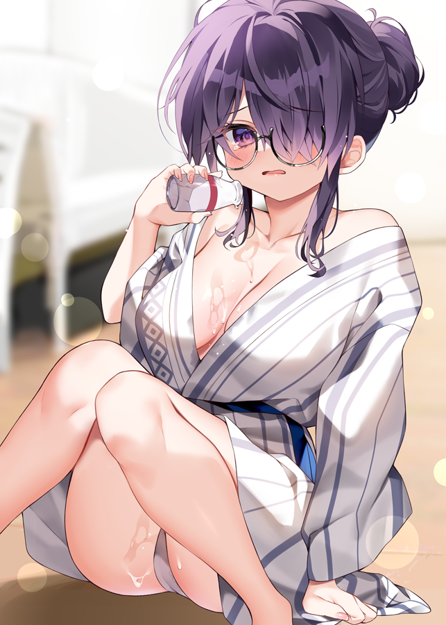 1girl bangs black-framed_eyewear blurry blurry_background bottle breasts chihiro_(khorosho) collarbone commentary_request depth_of_field feet_out_of_frame glasses hair_over_one_eye holding holding_bottle indoors japanese_clothes kimono knees_together_feet_apart knees_up large_breasts looking_at_viewer milk milk_bottle on_floor original panties parted_lips purple_eyes purple_hair semi-rimless_eyewear sitting solo striped striped_kimono under-rim_eyewear underwear vertical-striped_kimono vertical_stripes white_kimono white_panties