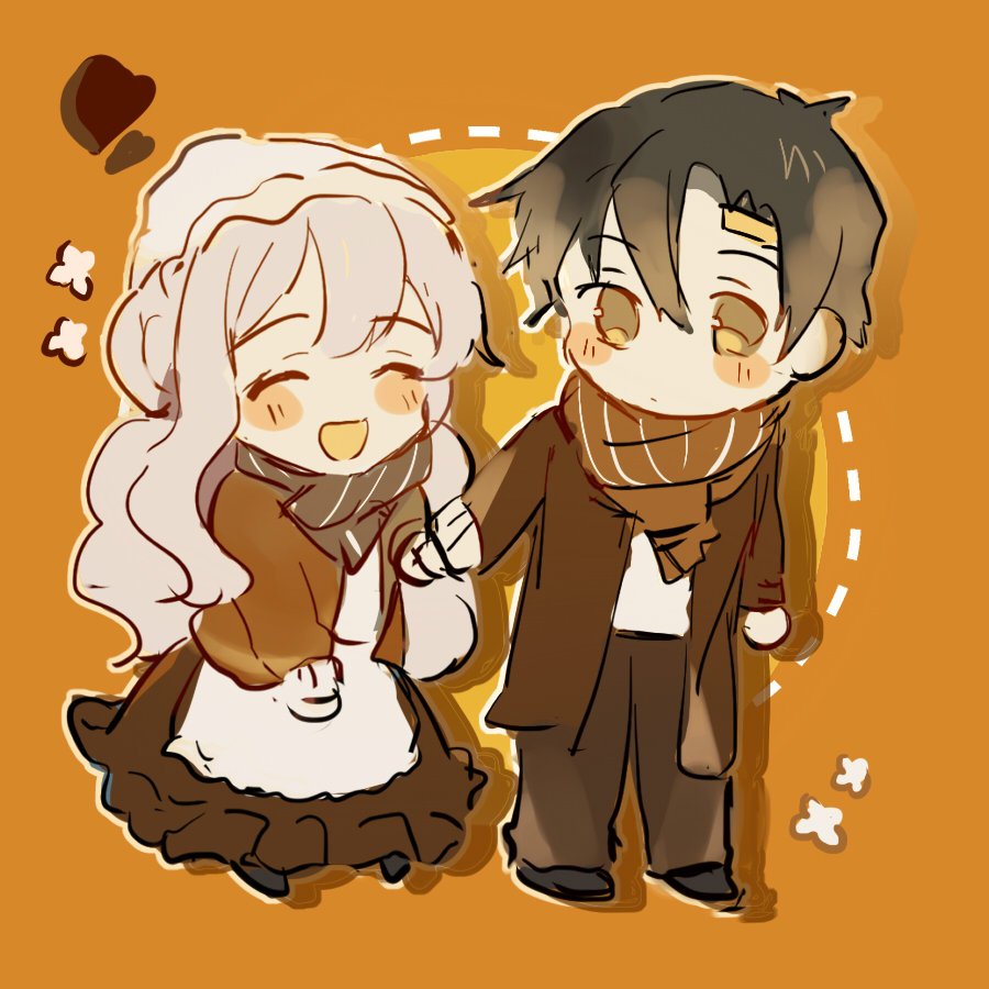 1boy 1girl ^_^ apron arm_at_side bangs beanie black_footwear black_hair blush_stickers brown_coat brown_dress brown_jacket brown_scarf chibi closed_eyes coat dotted_line dress flower_(symbol) frilled_dress frills full-body_tattoo grey_scarf hair_between_eyes hair_ornament hairclip hat holding_hands jacket kagerou_project kozakura_marry long_hair long_sleeves looking_at_another mekakucity_actors no_hair_ornament no_hairband no_ribbon open_clothes open_coat open_jacket open_mouth orange_background otorigg outline scarf seto_kousuke shoes short_hair sketch smile striped striped_scarf tattoo two-tone_background very_long_hair wavy_hair white_apron white_hair white_headwear white_outline yellow_eyes