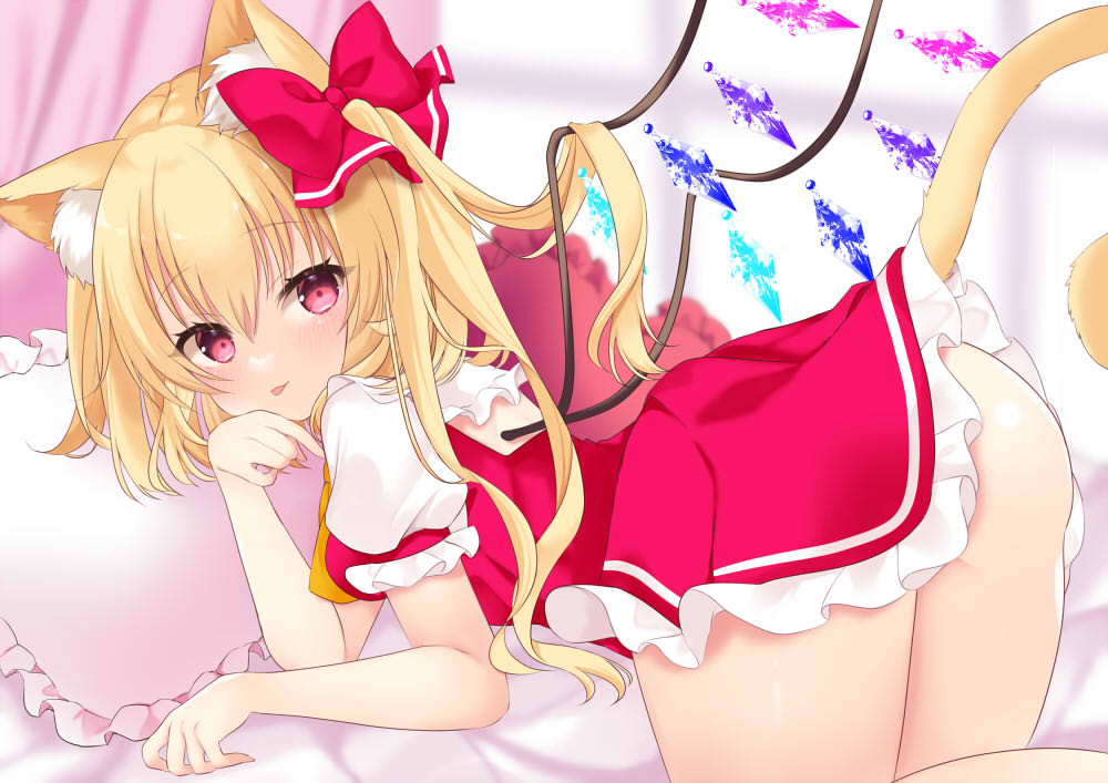 all_fours animal_ears ass blonde_hair cat_ears cat_girl cat_tail flandre_scarlet red_eyes ribbon tail tosakaoil touhou wings