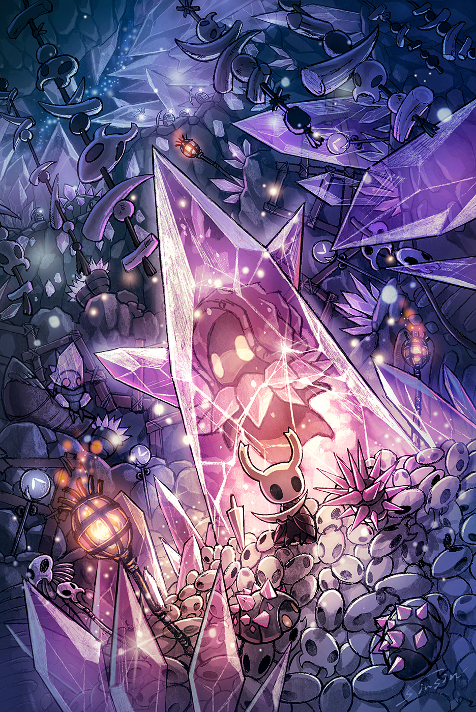 artist_name black_robe cave commentary_request crystal crystal_guardian_(hollow_knight) crystallization fire flame glimback_(hollow_knight) headlight helmet highres holding holding_pickaxe hollow_eyes hollow_knight horns husk_miner_(hollow_knight) knight_(hollow_knight) mamoru_mikokoro mask mining_helmet pickaxe planted planted_sword robe rock scenery shardmite_(hollow_knight) signature snail_shaman_(hollow_knight) spikes sword torch weapon