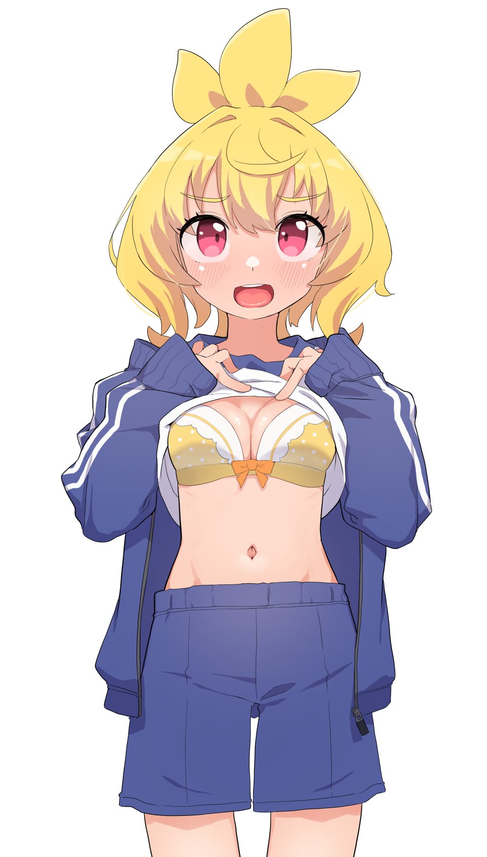 1girl bangs blonde_hair blue_jacket blue_shorts blush bow bow_bra bra breasts cleavage clothes_lift commentary_request copyright_request gym_shirt gym_shorts gym_uniform hair_between_eyes hands_up highres jacket lifted_by_self long_sleeves medium_breasts navel open_clothes open_jacket open_mouth owasaki polka_dot polka_dot_bra puffy_long_sleeves puffy_sleeves red_eyes shirt shirt_lift shorts simple_background sleeves_past_wrists solo standing teeth track_jacket underwear upper_teeth_only white_background white_shirt yellow_bra