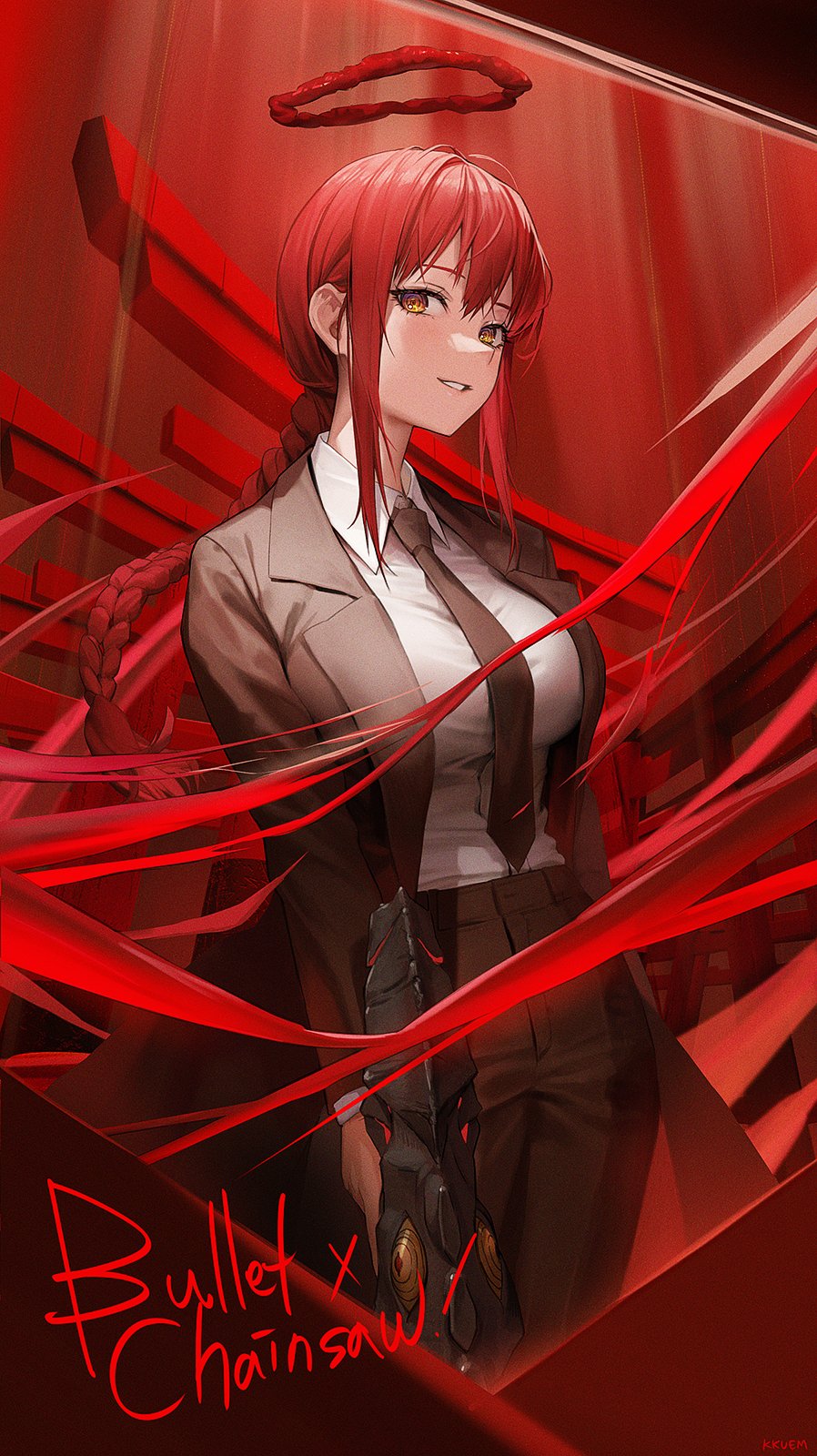 1girl black_necktie black_pants braid braided_ponytail breasts business_suit chainsaw_man collared_shirt formal goddess_of_victory:_nikke grin gun high-waist_pants highres holding holding_gun holding_weapon kkuem large_breasts makima_(chainsaw_man) necktie office_lady pants red_hair red_halo ringed_eyes shirt shirt_tucked_in sidelocks smile solo suit weapon yellow_eyes
