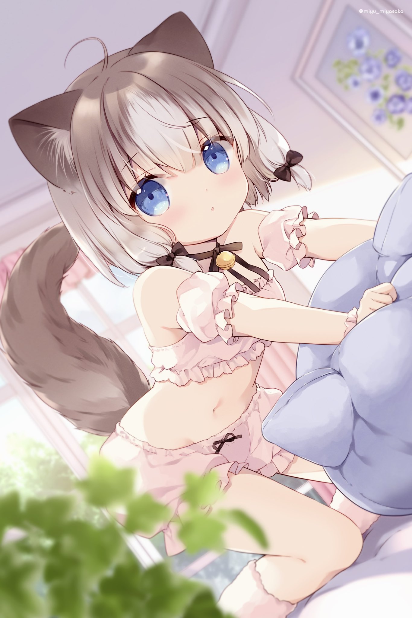 1girl ahoge all_fours animal_ear_fluff animal_ears bandeau bell bloomers blue_eyes bow brown_hair cat_day cat_ears cat_girl cat_tail curtains expressionless hair_bow highres indoors jingle_bell kneehighs looking_at_viewer miyasaka_miyu navel neck_ribbon original picture_(object) picture_frame ribbon short_hair socks solo stuffed_toy tail underwear underwear_only white_bandeau white_bloomers white_socks window