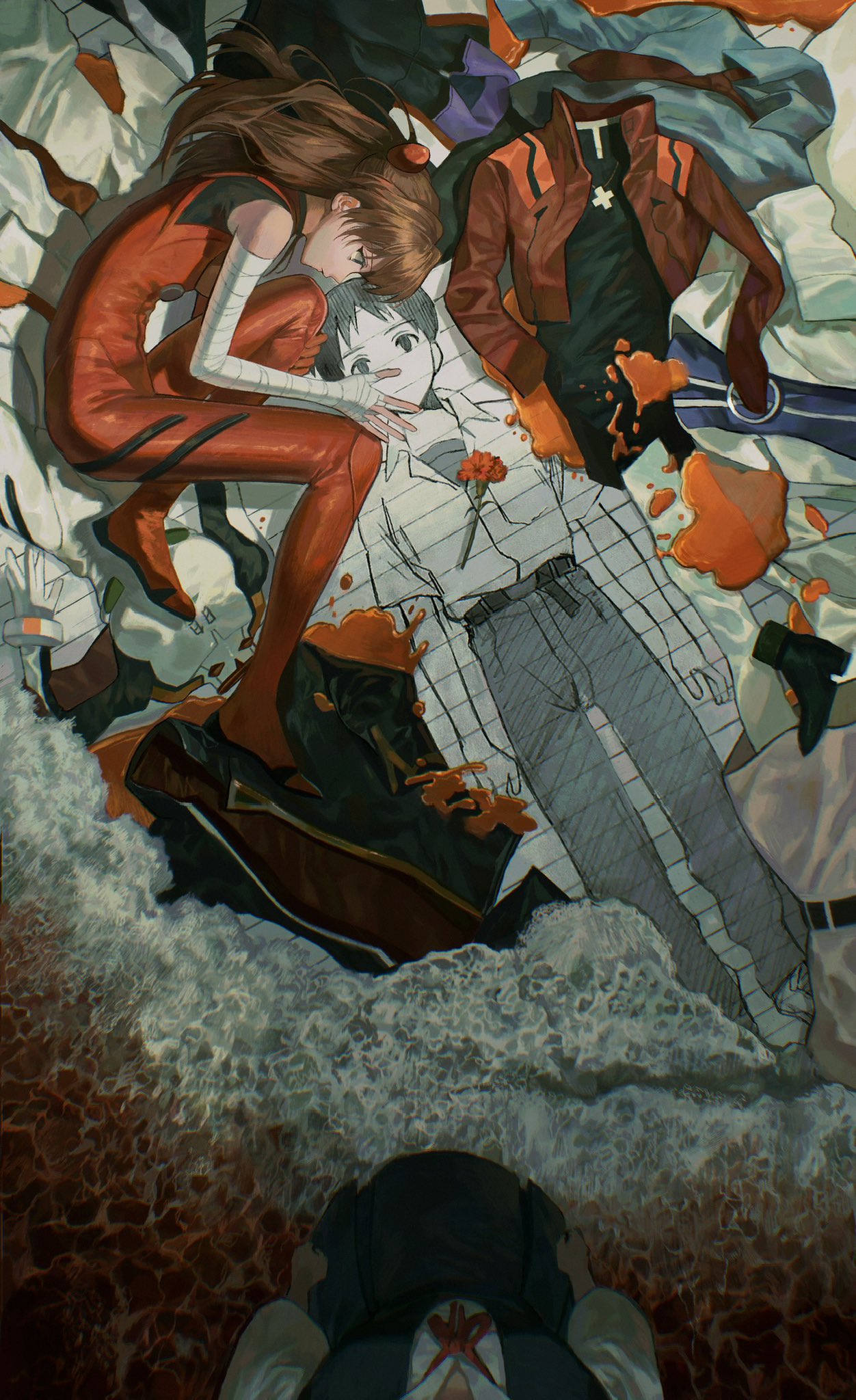 1boy 2girls akagi_ritsuko arms_at_sides ayanami_rei bandaged_arm bandages beach belt black_jacket blue_eyes blue_shirt bodysuit boots closed_mouth clothes cropped_jacket cross cross_necklace drawing dress dress_shirt end_of_evangelion expressionless fetal_position flower full_body hand_on_own_leg head_out_of_frame high_heel_boots high_heels highres ibuki_maya ikari_gendou ikari_shinji ikuta41 interface_headset jacket jewelry kaji_ryouji katsuragi_misato knee_to_chest labcoat lcl lined_paper long_hair lying multiple_girls neck_ribbon necklace necktie neon_genesis_evangelion on_side orange_hair pants pilot_suit plugsuit profile red_bodysuit red_flower red_jacket red_necktie red_ocean red_ribbon ribbon school_uniform shirt short_sleeves skirt souryuu_asuka_langley spoilers standing suspender_skirt suspenders suzuhara_touji tokyo-3_middle_school_uniform track_suit waves white_dress white_shirt