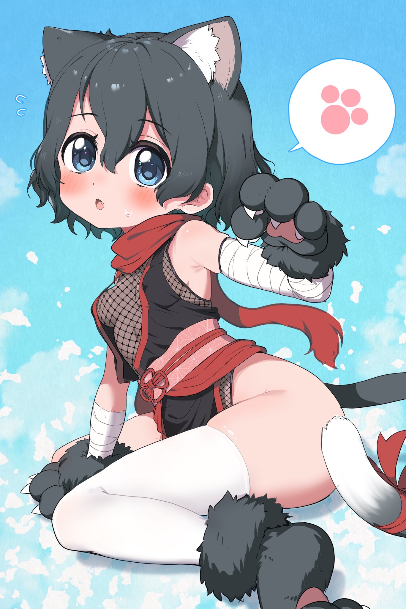 1girl animal_ear_fluff animal_ears animal_hands arm_support bandaged_arm bandages bangs black_footwear black_gloves black_hair blue_background blue_eyes blush breasts cat_ears cat_tail commentary_request extra_ears fang fishnet_leotard fur-trimmed_footwear fur-trimmed_gloves fur_trim gloves hair_between_eyes hand_up highleg highleg_leotard highres japanese_clothes kaban_(kemono_friends) kemono_friends legs leotard looking_at_viewer ninja no_bra obi open_mouth paw_gloves paw_shoes ransusan red_scarf sash scarf short_hair sitting small_breasts solo spoken_paw sweat tail thick_thighs thighhighs thighs wariza wavy_hair white_thighhighs