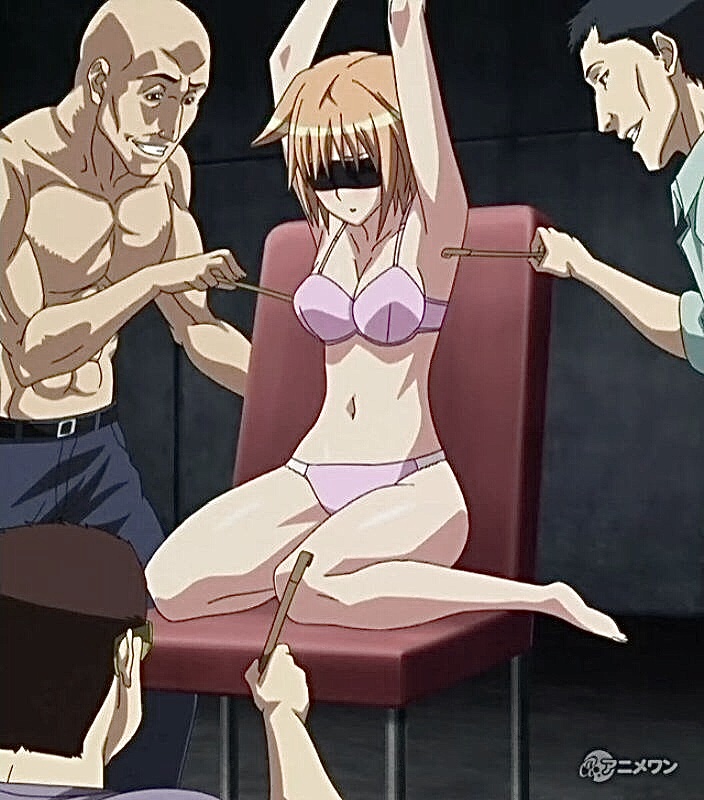 1girl 3boys anime_screencap armpit_tickling backscratcher bikini black_blindfold blindfold blonde_hair bra breasts cleavage medium_breasts multiple_boys non-web_source panties pink_bikini pink_bra pink_panties restrained seikon_no_qwaser swimsuit teresa_beria tickle_torture tickling underwear