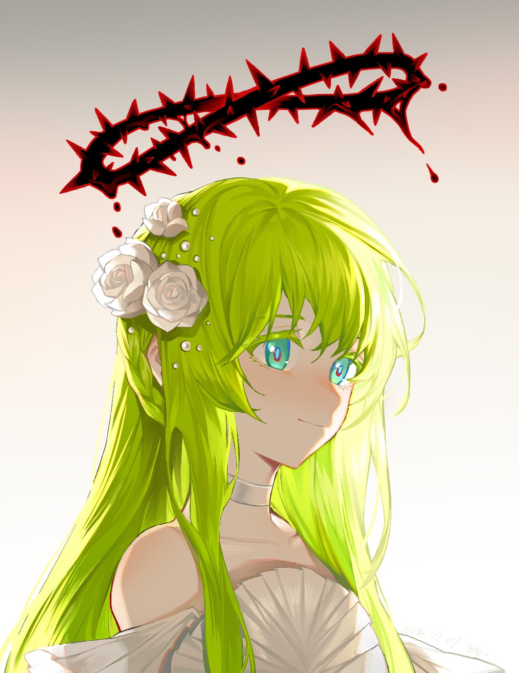 1girl aqua_eyes bare_shoulders beads bleeding blood braid choker closed_mouth crown_braid fengchaoqu flower frills gathers green_hair hair_beads hair_flower hair_ornament halo highres long_hair looking_away off_shoulder original portrait rose solo thorns white_background white_flower white_rose