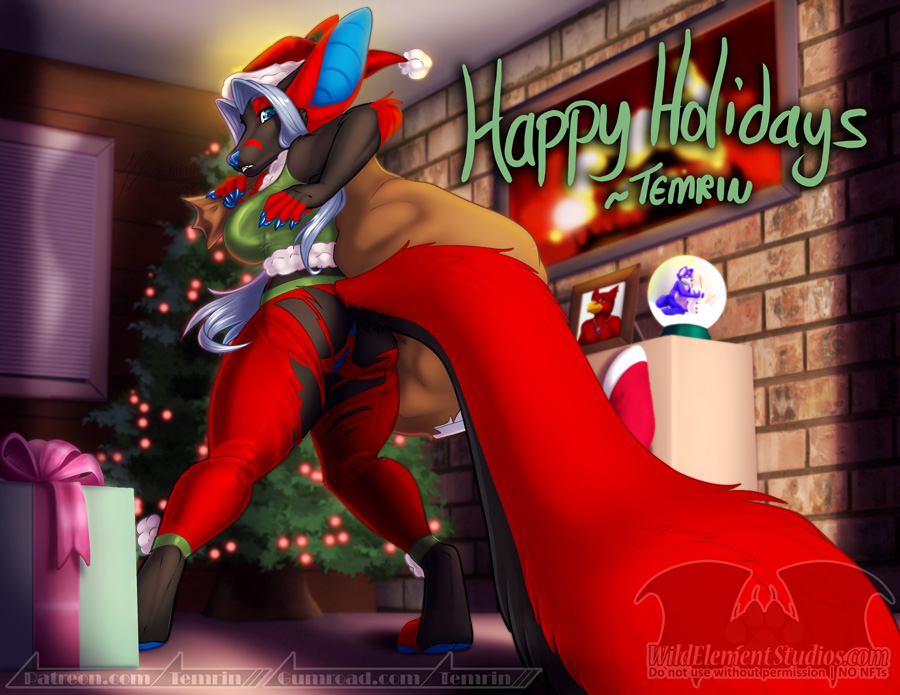 anthro anus black_body black_fur blue_body blue_eyes blue_skin bottomwear cameo caught christmas clothing costume digital_media_(artwork) elf fireplace fur furry genitals gift grey_blue_hair holidays humanoid inside invalid_tag looking_at_viewer micro mishap nsfw pants pinup plant portrait pose pussy red_body red_fur santa_claus snow_globe tail temrin temrin_sanjem torn_clothing tree ych