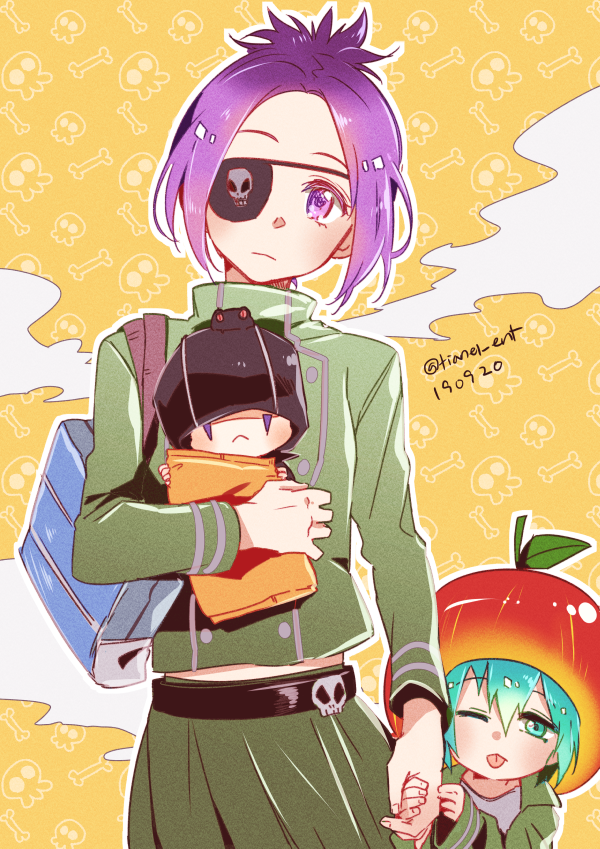1girl 2boys :&lt; aqua_eyes aqua_hair bag child chrome_dokuro commentary_request dated eyepatch fran_(reborn) frown green_skirt hat hat_over_eyes holding holding_bag holding_hands katekyo_hitman_reborn! male_child mammon_(reborn) multiple_boys one_eye_closed purple_eyes purple_hair short_hair skirt tianel_ent tongue tongue_out twitter_username