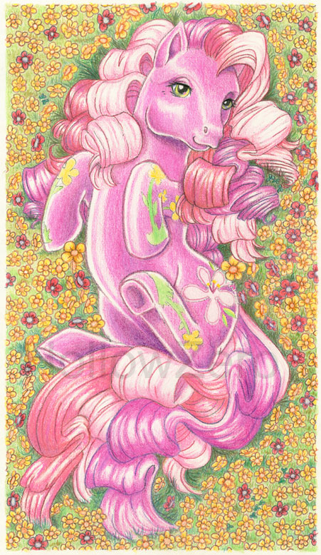 2009 ambiguous_gender cheerilee_(pre-g4) colored curled_hair curled_tail cutie_mark detailed_background earth_pony equid equine feral flower fur fur_markings hair hasbro hollowzero hooves horse long_hair mammal markings mlp_g3 my_little_pony pink_body pink_fur pink_hair plant pony pre-g4 shaded solo