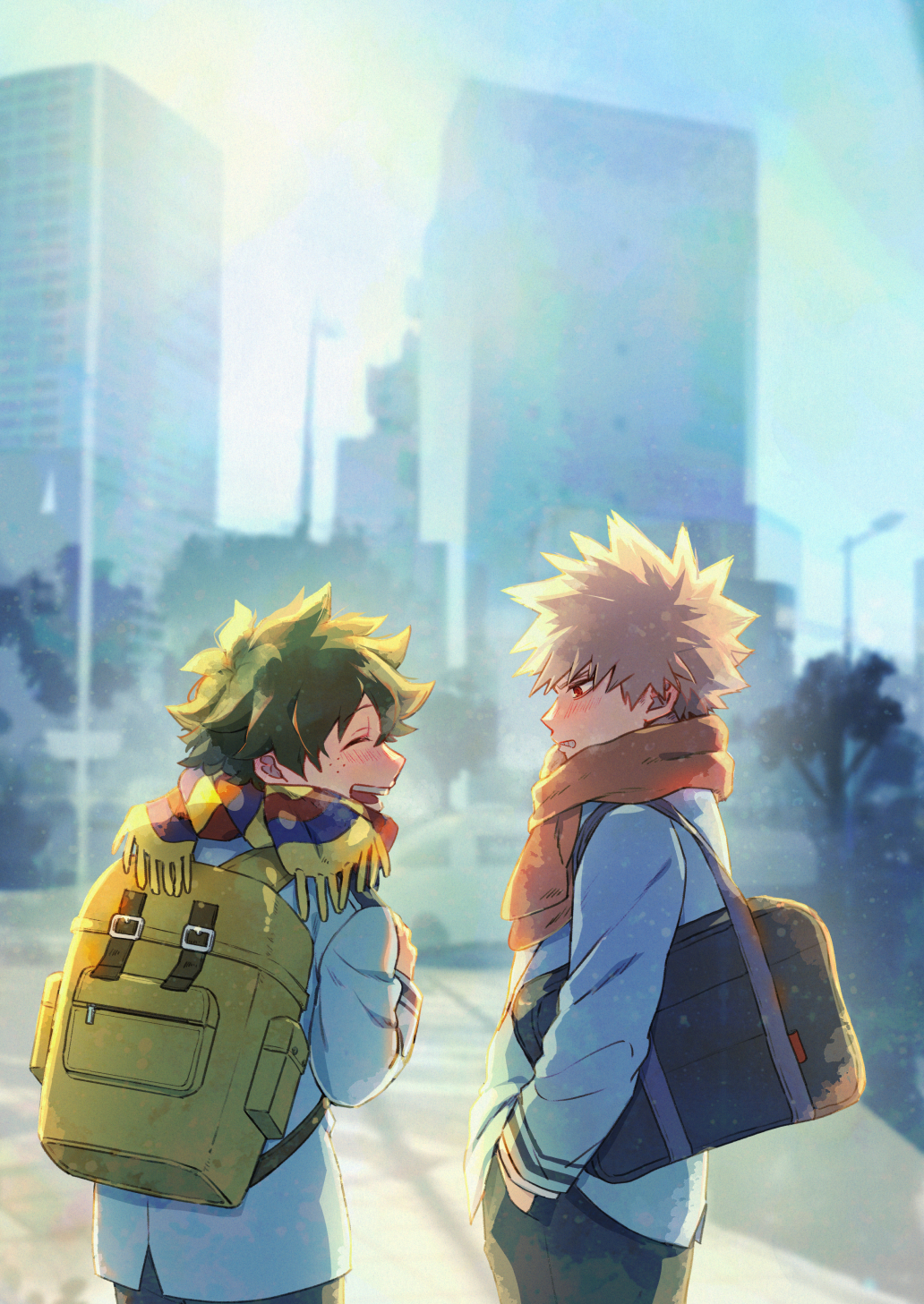 2boys backpack bag bakugou_katsuki bangs blazer blonde_hair blurry blurry_background blush boku_no_hero_academia breath building car city commentary_request dated_commentary double_horizontal_stripe ear_blush embarrassed facing_another film_grain freckles from_behind green_hair green_pants ground_vehicle hand_in_pocket hand_up happy highres jacket leaning_forward long_sleeves looking_at_another looking_to_the_side male_focus midoriya_izuku motor_vehicle multicolored_clothes multicolored_scarf multiple_boys open_mouth orange_scarf outdoors pants partial_commentary profile red_eyes road scarf school_uniform scowl short_hair shoulder_bag slouching smile spiked_hair standing street striped striped_scarf tannoci teeth textless_version tree turning_head u.a._school_uniform upper_body upper_teeth_only yellow_bag