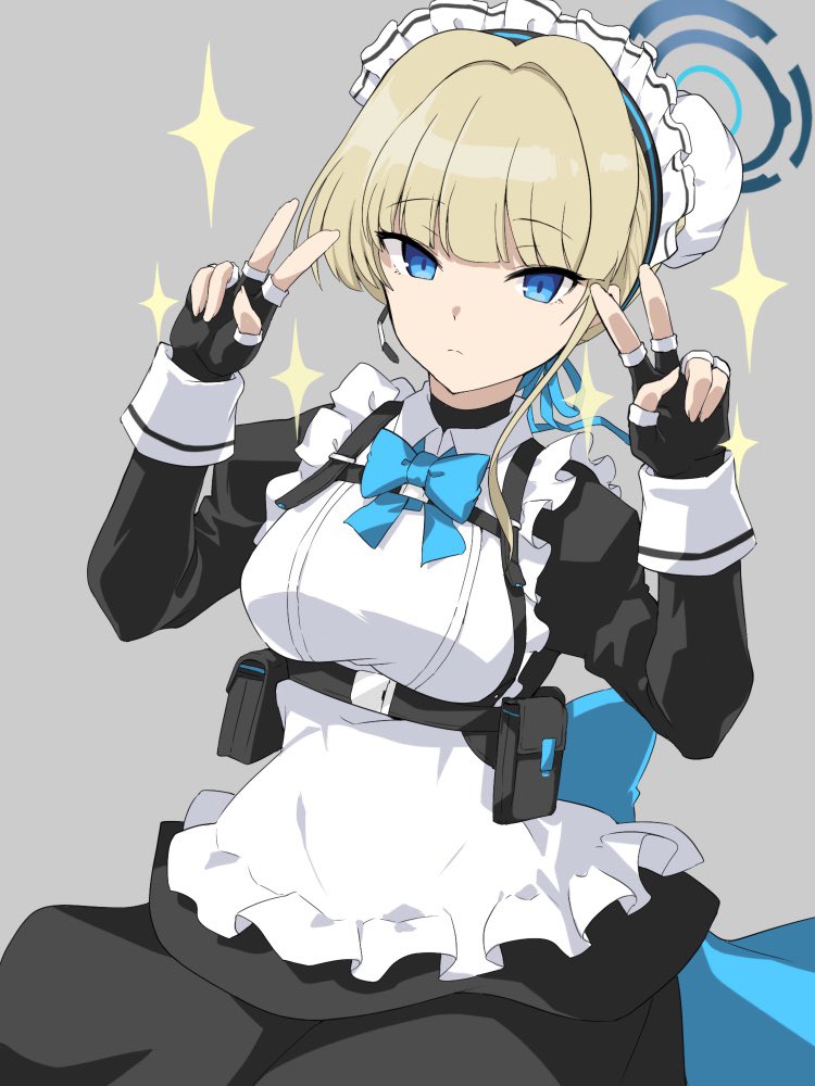 1girl apron bangs bare_shoulders black_dress black_gloves blonde_hair blue_archive blue_bow blue_bowtie blue_eyes blush bow bowtie breasts chest_harness commentary double_v dress earpiece edobox fingerless_gloves gloves halo harness looking_at_viewer maid_headdress pouch short_dress short_hair small_breasts solo sparkle toki_(blue_archive) v white_apron