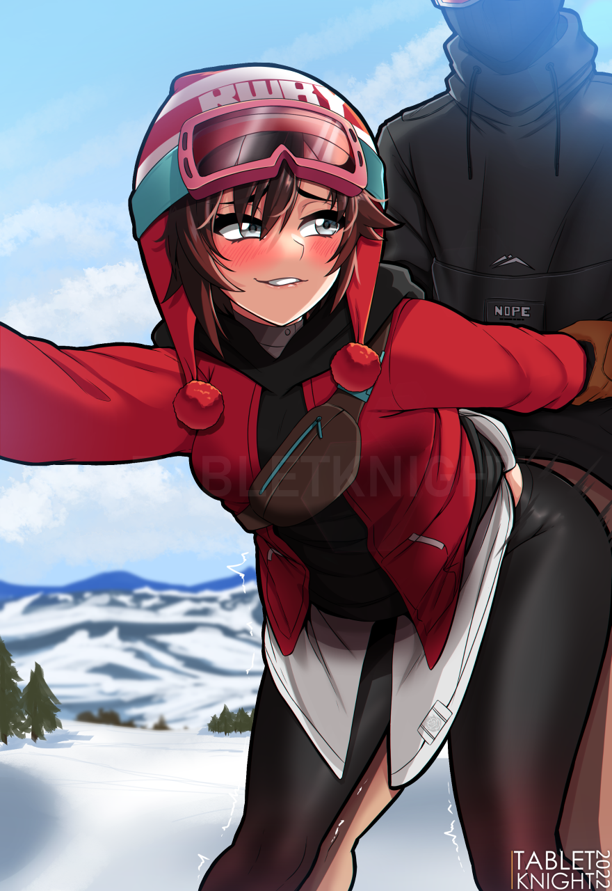 1boy 1girl arm_behind_back arm_grab artist_name bent_over black_hair black_pantyhose blush clothes_lift commentary condom day english_commentary fanny_pack goggles goggles_on_head grey_eyes highres hood hood_down hoodie looking_back multicolored_hair official_alternate_costume outdoors pantyhose red_hair ruby_rose rwby rwby_ice_queendom short_hair ski_gear ski_goggles skirt skirt_lift smile snow solo standing tabletknight two-tone_hair uncensored used_condom