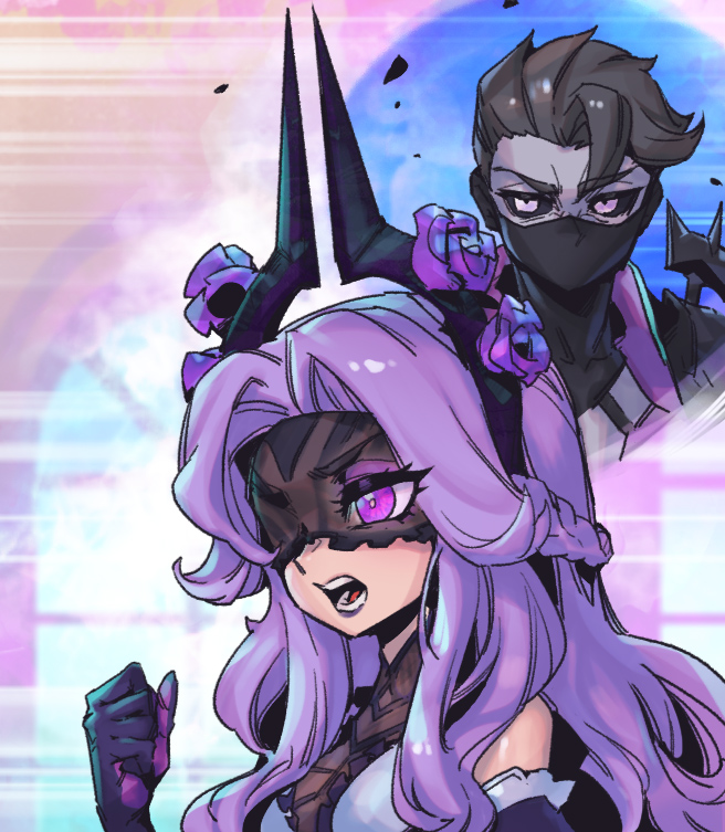 1boy 1girl bangs bare_shoulders black_bodysuit black_gloves black_sclera blindfold bodysuit braid brown_hair character_request clenched_hand colored_sclera covered_mouth emphasis_lines eyes_visible_through_eyewear flower gloves grey_eyes hair_flower hair_ornament hand_up horns league_of_legends long_hair open_mouth parted_hair phantom_ix_row pink_eyes pink_hair purple_flower shiny_skin syndra withered_rose_syndra zed_(league_of_legends)