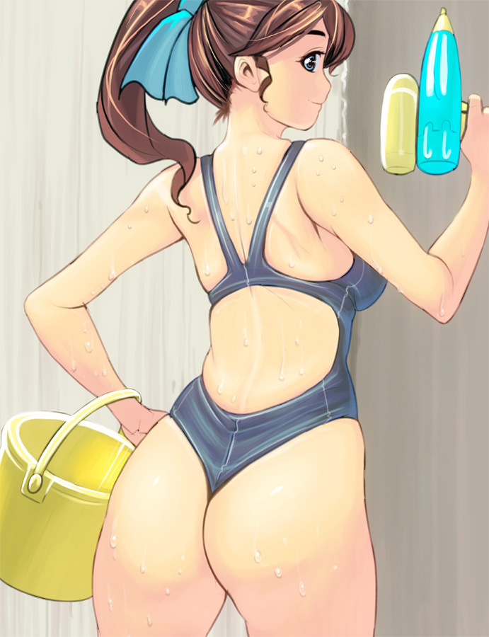 ass back bad_id bad_pixiv_id brown_hair bucket cowboy_shot looking_back masao one-piece_swimsuit original ponytail solo swimsuit water_gun wedgie wet