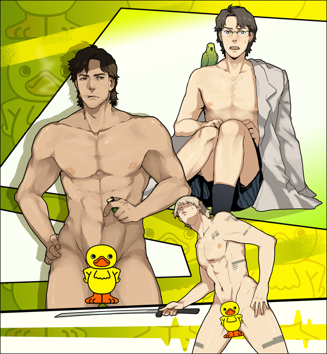 abs bad_source bird censored duck gobeur hal_emmerich hand_on_hip male_focus metal_gear_(series) metal_gear_solid multiple_boys muscle novelty_censor nude parrot raiden smoking solid_snake sword weapon
