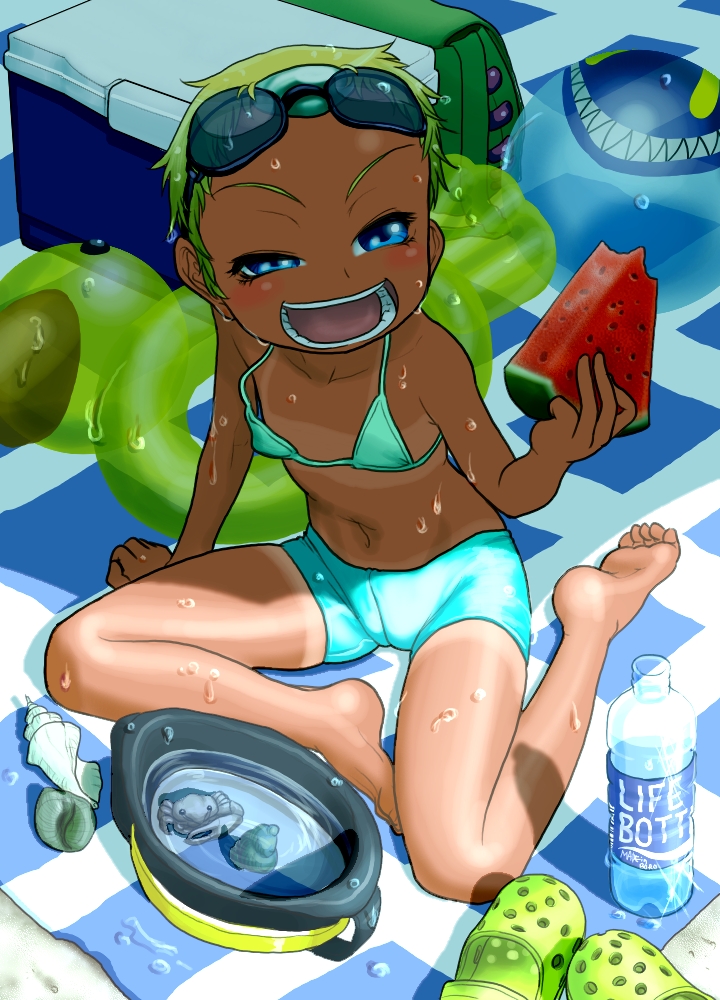 ball barefoot beachball bike_shorts bikini_top blonde_hair blue_eyes blush boro bottle cameltoe chat cooler crab crocs crustacean diving_mask downblouse feet flat_chest food fruit goggles grin holding holding_food holding_fruit innertube navel open_mouth shade shell shirt_tan short_hair shorts_tan smile solo sweat tales_of_(series) tales_of_eternia tan tanline troll_face uneven_eyes very_short_hair wardrobe_malfunction water_bottle watermelon wet