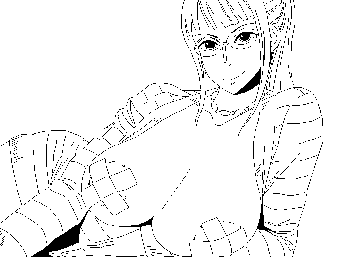bad_id bad_pixiv_id bandaid black_hair blush bobobo bottomless breasts glasses greyscale hands jewelry large_breasts lying monochrome necklace nico_robin one_piece one_piece:_strong_world shirt sketch smile solo striped striped_shirt topless