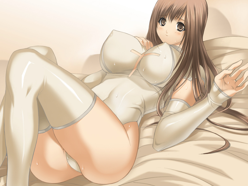 as_(artist) ass blush breasts brown_eyes brown_hair covered_nipples cross detached_sleeves huge_breasts kamikaze_(as) legs leotard long_hair lying mikoto_(kamikaze) on_back original skin_tight solo sweat thick_thighs thighhighs thighs white_legwear