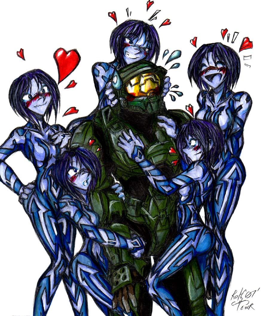 arm_holding armor bare_shoulders blush breast_press breasts clone closed_eyes cortana grin halo_(game) heart helmet holding laughing master_chief medium_breasts multiple_girls naughty_face pimp power_armor power_suit purple_hair purple_skin rolfplus science_fiction short_hair shy signature smile sweatdrop tall teasing