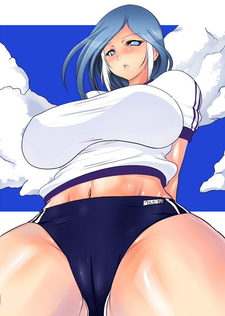 bad_id bad_pixiv_id blue_eyes blue_hair blush breasts buruma cameltoe fang gym_uniform huge_breasts impossible_clothes impossible_shirt inazuma_eleven inazuma_eleven_(series) kinokoutarou navel shirt solo urubida