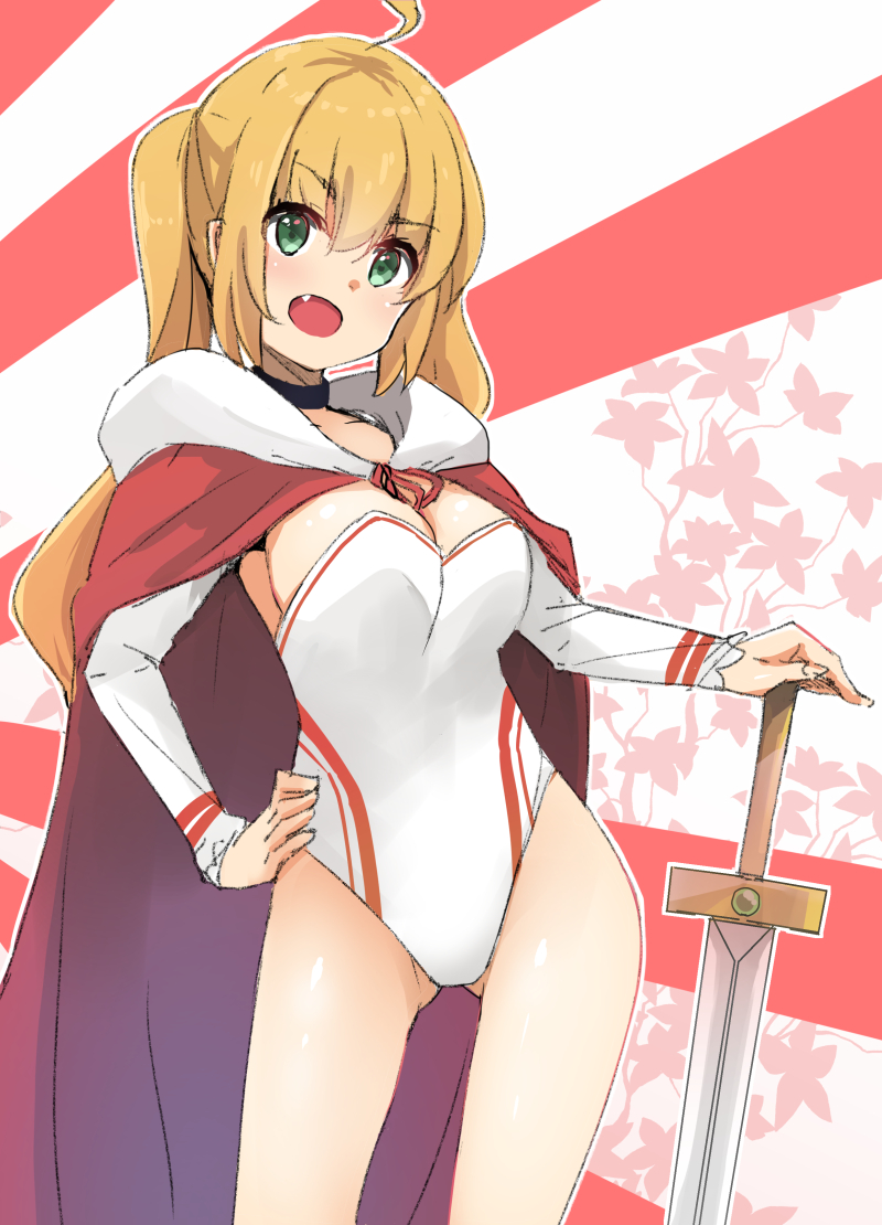 1girl :d bangs blonde_hair breasts cleavage copyright_request detached_sleeves fang green_eyes h2o_(ddks2923) hand_on_hip large_breasts leotard long_hair long_sleeves multicolored_background outline royal_robe shiny_skin smile solo twintails white_leotard white_outline