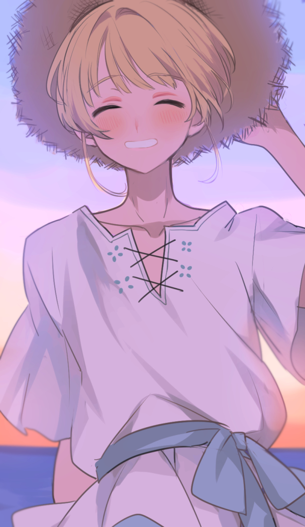 1boy belt bishounen biskekun blonde_hair blue_belt blue_pants blush closed_eyes facing_viewer hat idolmaster idolmaster_side-m male_focus ocean pants pierre_bichelberger shirt short_sleeves sitting smile solo straw_hat sunset teeth white_shirt