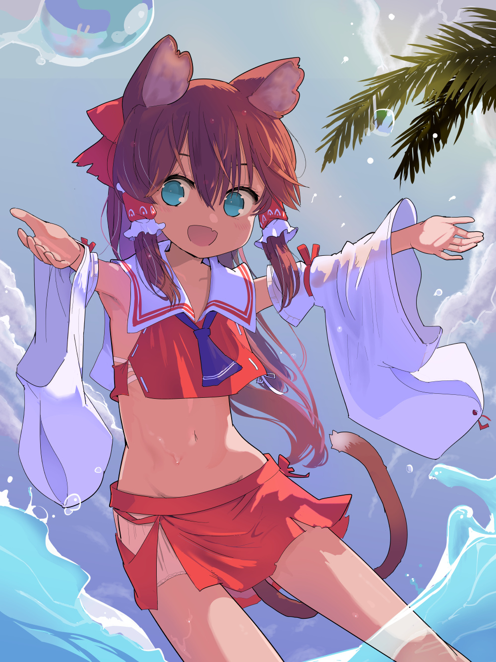 1girl animal_ears ascot bangs bare_shoulders blue_ascot blue_eyes blush bow brown_hair day detached_sleeves fang hair_between_eyes hair_bow hair_tubes hakurei_reimu highres japanese_clothes medium_hair navel nontraditional_miko open_mouth puuakachan red_bow red_skirt sidelocks skin_fang skirt smile solo tail touhou water water_drop white_sleeves wide_sleeves