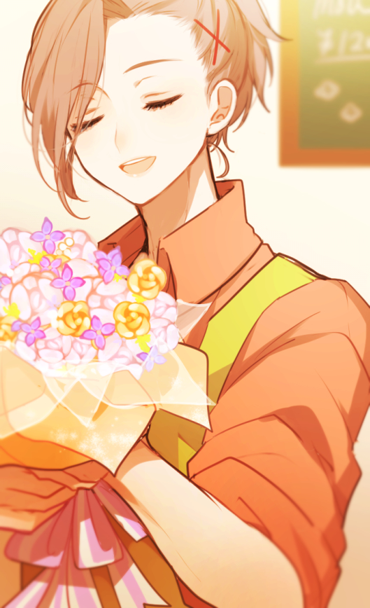 1boy bishounen biskekun bouquet brown_hair closed_eyes collared_shirt flower hair_ornament hairpin holding holding_bouquet idolmaster idolmaster_side-m male_focus open_mouth orange_flower ponytail purple_flower red_shirt shirt short_hair smile solo vest watanabe_minori white_flower yellow_vest