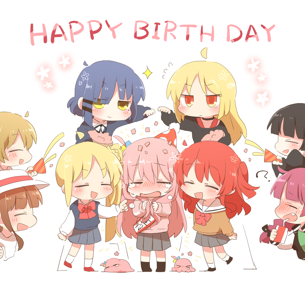 &gt;_&lt; 6+girls :d ? ^_^ alcohol_carton bangs black_choker black_vest blonde_hair blue_hair blunt_bangs blush bocchi_the_rock! bow bowtie braid braided_ponytail brown_hair brown_shirt chibi choker closed_eyes commentary_request confetti crying cube_hair_ornament dark_blue_hair drinking_straw drunk fan_1-gou fan_2-gou fang flower_(symbol) flying_sweatdrops gotou_hitori gotou_hitori_(octopus) gotou_hitori_(tsuchinoko) grey_skirt hair_ornament hairclip hands_up happy_birthday hat hiroi_kikuri holding_carton ijichi_nijika ijichi_seika jacket jitome kita_ikuyo long_hair long_sleeves mole mole_under_eye multiple_girls nose_blush one_side_up open_mouth orange_eyes pa-san parted_bangs party_hat party_popper pink_hair pink_jacket pleated_skirt profile rebecca_(keinelove) red_bow red_bowtie red_hair sailor_collar sash school_uniform shirt short_hair shoulder_sash side_ponytail sidelocks simple_background skirt smile socks sparkle standing streaming_tears tears track_jacket tsuchinoko vest white_background white_headwear white_sailor_collar white_shirt white_socks yamada_ryou yellow_eyes