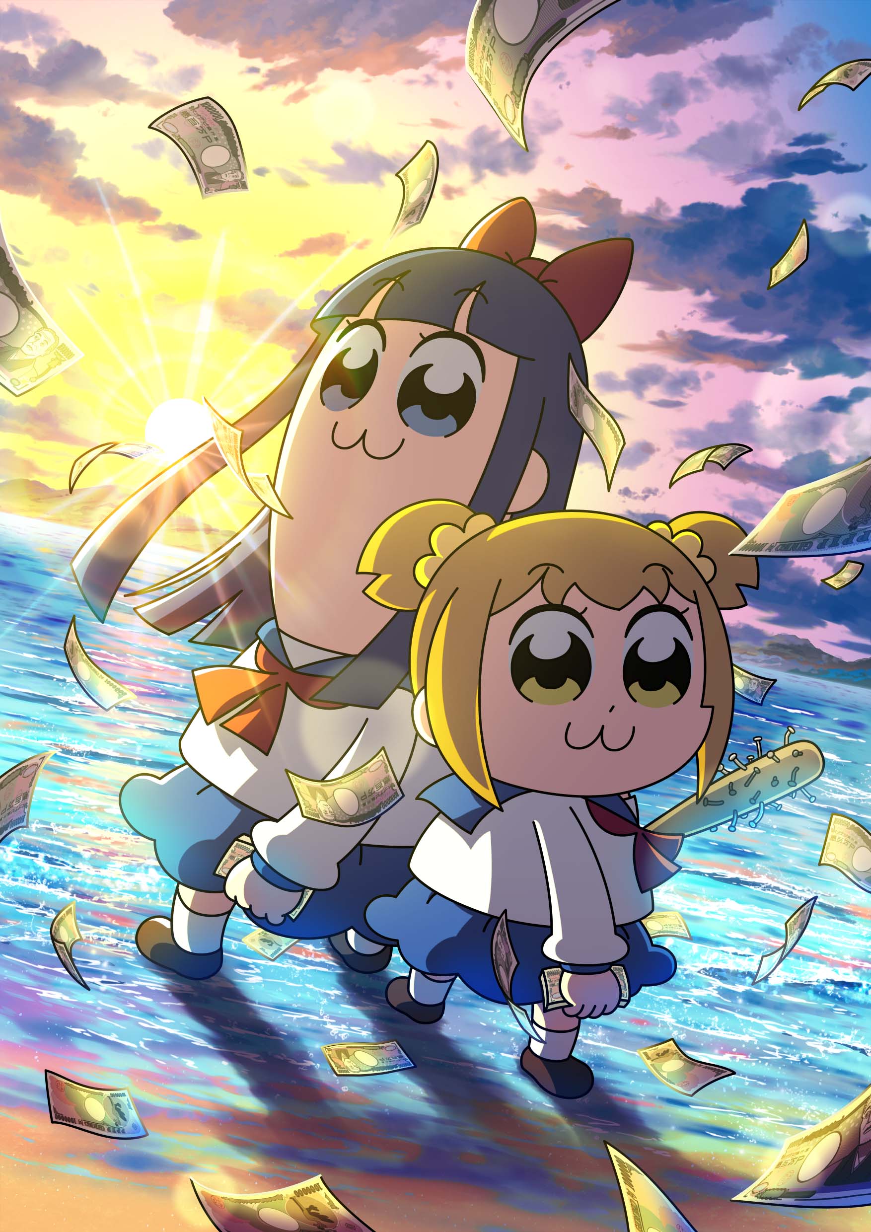 2girls :3 absurdres bangs blue_eyes blue_hair blue_sailor_collar blue_skirt bow brown_footwear cloud cloudy_sky commentary_request dot_nose hair_bow hair_ornament hair_scrunchie highres holding holding_money long_hair looking_at_viewer money money_rain multiple_girls neckerchief official_art on_water orange_hair parody pipimi poptepipic popuko red_bow red_neckerchief sailor_collar school_uniform scrunchie serafuku shirt shoes short_hair short_twintails sidelocks skirt sky socks standing standing_on_liquid sunset twintails two_side_up violet_evergarden_(series) white_shirt yellow_eyes yellow_scrunchie