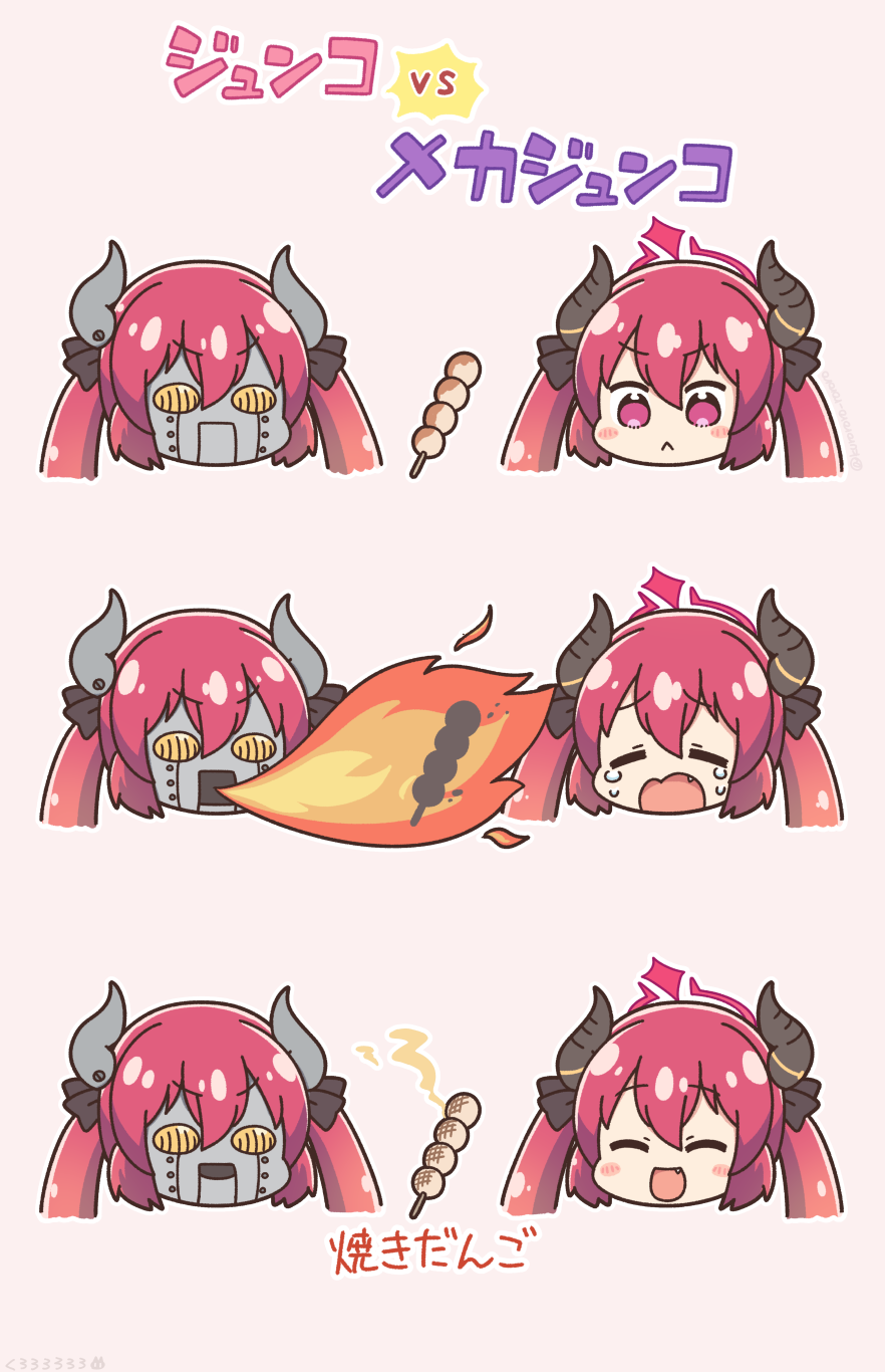 2girls :d ^_^ blue_archive blush_stickers breathing_fire brown_background closed_eyes closed_mouth commentary_request crying dango fire food halo highres horns junko_(blue_archive) kurororo_rororo multiple_girls purple_eyes purple_hair robot simple_background smile tears translation_request twintails wagashi