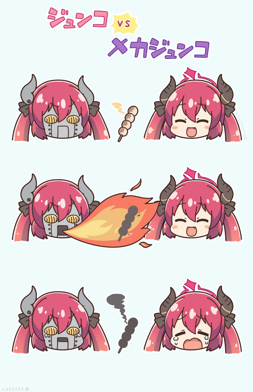 2girls :d ^_^ blue_archive blush_stickers breathing_fire brown_background burnt_food closed_eyes closed_mouth crying dango fire food halo highres horns junko_(blue_archive) kurororo_rororo multiple_girls purple_hair robot simple_background smile tears translation_request twintails wagashi
