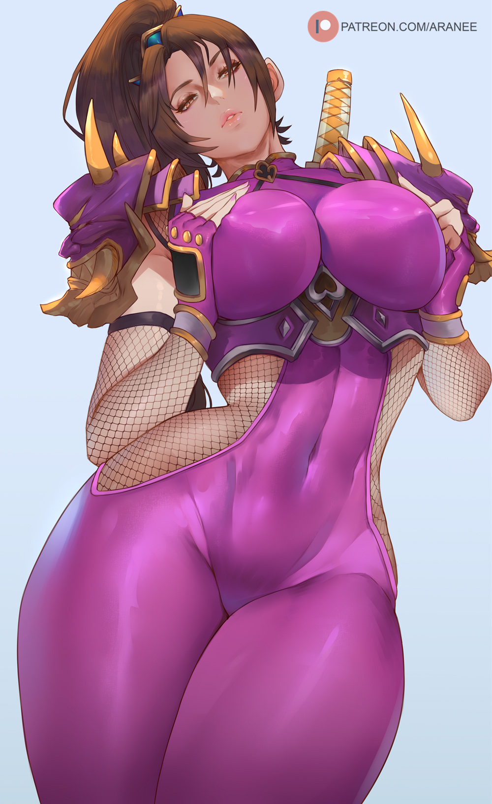 1girl araneesama armor bodysuit breasts breasts_squeezed_together brown_eyes brown_hair covered_navel covered_nipples cowboy_shot fingerless_gloves fishnets gloves head_tilt highres impossible_bodysuit impossible_clothes large_breasts lips long_hair looking_at_viewer mature_female parted_lips ponytail purple_bodysuit purple_gloves shoulder_armor shoulder_spikes solo soulcalibur spikes taki_(soulcalibur)