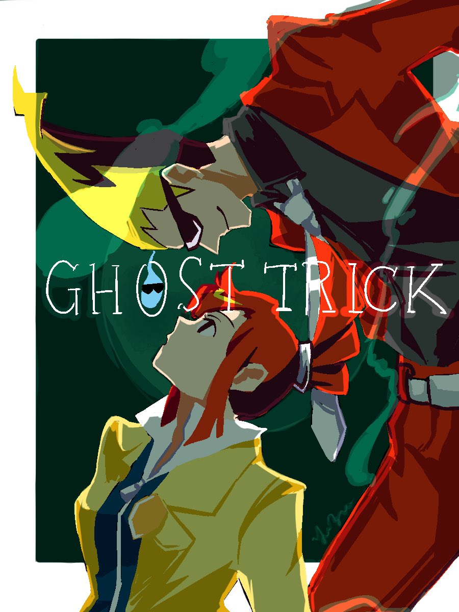 1boy 1girl black_shirt blonde_hair collared_shirt copyright_name formal ghost_trick highres jacket long_hair looking_at_another lynne necktie open_mouth pants pointy_hair ponytail red_hair red_jacket red_pants shirt sissel smile suit sunglasses white_necktie yuzu_tea_igi