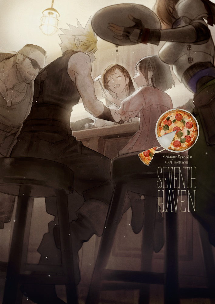 2boys 3girls armor bangs bar_(place) bar_stool barret_wallace black_hair blonde_hair breastplate brown_hair closed_eyes cloud_strife commentary_request counter cup dark-skinned_male dark_skin dog_tags dress earrings facial_hair feeding female_child final_fantasy final_fantasy_vii final_fantasy_vii_remake fingerless_gloves food gloves hanging_light holding holding_cup holding_plate indoors jessie_rasberry jewelry long_hair marlene_wallace multiple_boys multiple_girls open_mouth p-nekor pink_dress pizza pizza_slice plate puffy_short_sleeves puffy_sleeves scar scar_on_cheek scar_on_face short_hair short_sleeves shoulder_armor single_earring sitting smile spiked_hair stool sunglasses sweater swept_bangs tifa_lockhart turtleneck turtleneck_sweater