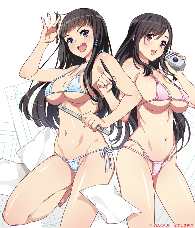 2girls :d ayabe_haruru back-to-back bangs barefoot beads bikini black_hair blue_bikini blue_eyes blunt_bangs blush breasts cleavage contrapposto ero_manga!_h_mo_manga_mo_step-up eroge! from_side gradient_background hair_beads hair_ornament hamashima_shigeo hand_up hands_up highleg highleg_bikini himeno_kisara holding large_breasts leg_up long_hair looking_at_viewer lowleg lowleg_bikini micro_bikini mouse_(computer) multi-strapped_bikini multiple_girls navel official_art open_mouth paper pencil pink_bikini red_eyes ruler shiny_skin side-tie_bikini_bottom sideboob sidelocks skindentation smile standing standing_on_one_leg straight_hair strap_gap string_bikini stylus swept_bangs swimsuit teeth thighs underboob upper_teeth_only v-shaped_eyebrows very_long_hair white_background