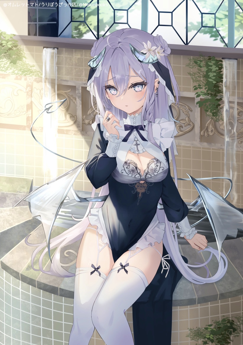 1girl black_dress breasts cleavage cleavage_cutout clothing_cutout covered_navel demon_girl demon_horns demon_tail dress earrings feet_out_of_frame flower frilled_dress frills garter_straps grey_eyes grey_hair hair_flower hair_ornament hand_up horns jewelry long_hair long_sleeves looking_at_viewer low_wings medium_breasts omelet_tomato original pelvic_curtain pointy_ears ring sitting solo tail tail_raised thighhighs thighs underboob_cutout very_long_hair white_thighhighs wings