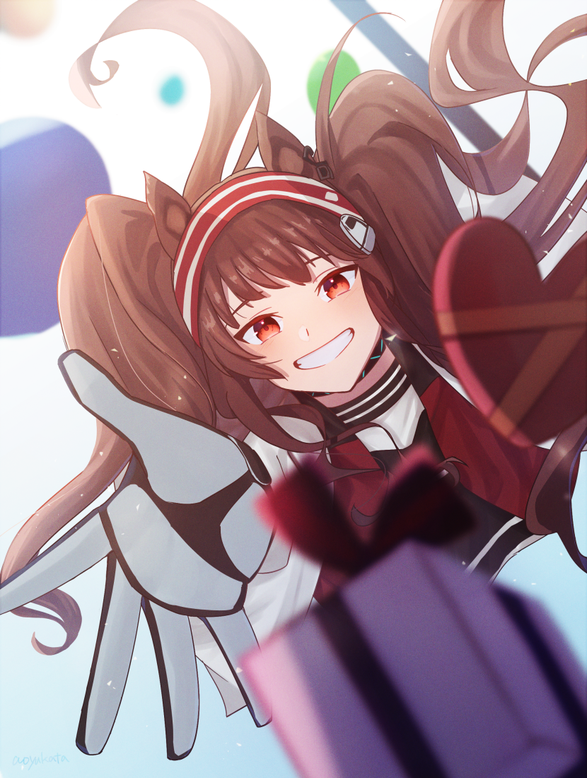 1girl angelina_(arknights) animal_ears arknights bangs black_shirt blue_background blurry blurry_foreground box brown_hair commentary_request depth_of_field floating_hair gift gift_box gloves gradient_background grin hairband haiteng heart-shaped_box jacket long_hair looking_at_viewer red_eyes red_hairband shirt signature smile solo striped striped_hairband twintails very_long_hair white_background white_gloves white_jacket