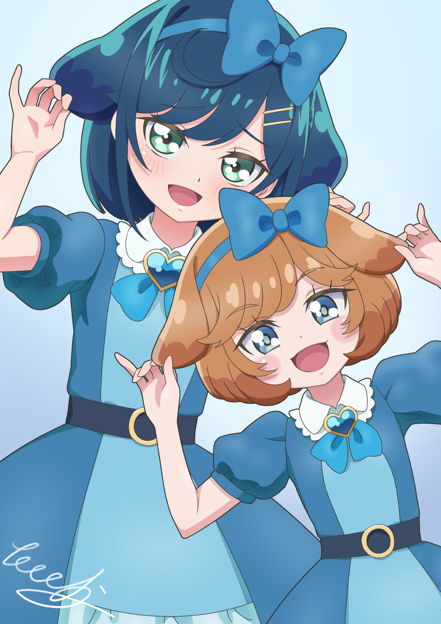 2girls :d animal_ears aqua_eyes artist_name bangs blue_bow blue_dress blue_eyes blue_hair blue_ribbon blush bob_cut bow brooch collared_dress commentary cosplay delicious_party_precure dog_ears dog_girl dress fuwa_kokone hair_bow hair_ornament hair_ribbon hairclip heart_brooch highres holding_ears jewelry kemonomimi_mode leaning_to_the_side looking_at_viewer multiple_girls neck_ribbon pam-pam_(precure) pam-pam_(precure)_(human) pam-pam_(precure)_(human)_(cosplay) precure puffy_short_sleeves puffy_sleeves ribbon short_hair short_sleeves side-by-side signature smile standing tiler_(tiler00)