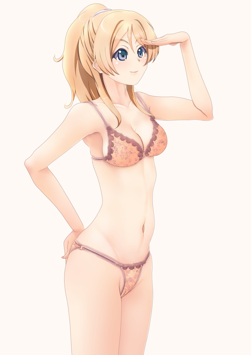 1girl ayase_eli bangs blonde_hair blue_eyes bra breasts cleavage closed_mouth cowboy_shot hair_tie hand_on_hip highres jou_(circlemay) lace-trimmed_bra lace-trimmed_panties lace_trim lingerie looking_to_the_side love_live! love_live!_school_idol_project medium_breasts medium_hair navel orange_bra orange_panties panties ponytail print_bra print_panties shading_eyes simple_background smile solo standing string_panties underwear underwear_only white_background