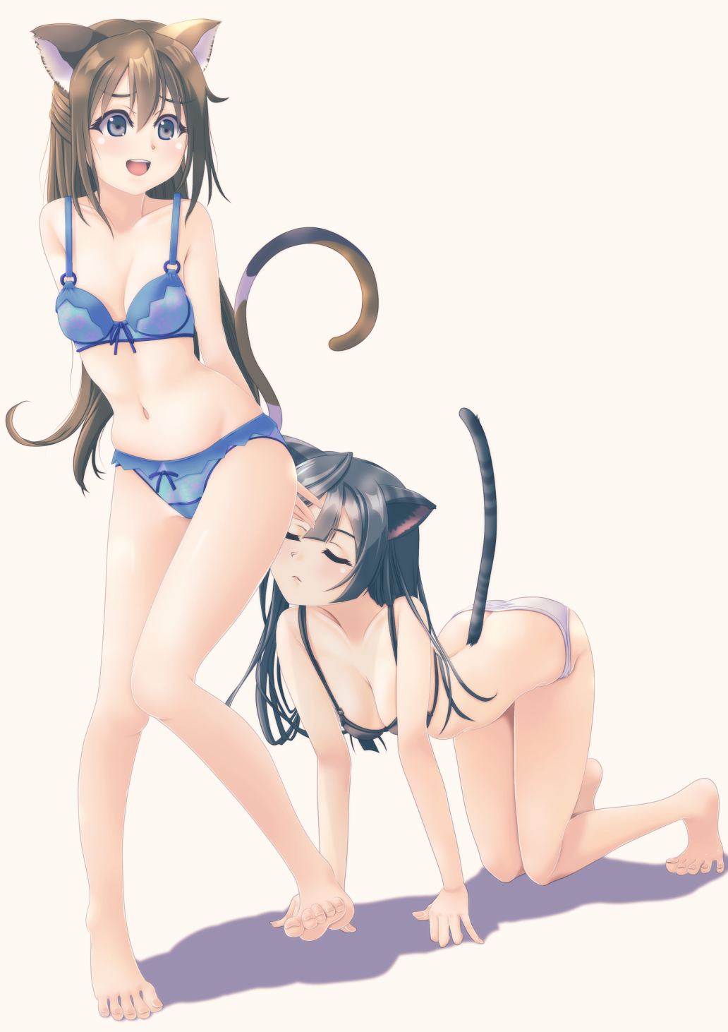 2girls all_fours animal_ears bangs barefoot black_bra black_hair blue_bra blue_eyes blue_panties blush bow bow_bra bow_panties bra breasts brown_hair cat_ears cat_tail cleavage closed_eyes closed_mouth commentary_request covering covering_ass crotch_seam facing_another feet frilled_panties frills half_updo highres jou_(circlemay) kemonomimi_mode legs long_hair looking_at_viewer love_live! love_live!_nijigasaki_high_school_idol_club medium_breasts mismatched_underwear multiple_girls navel open_mouth ousaka_shizuku panties partial_commentary shadow simple_background smelling smile standing standing_on_one_leg tail toenails toes underwear underwear_only white_background white_panties yuuki_setsuna_(love_live!)