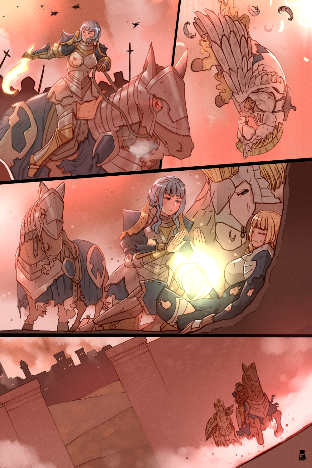 battle blonde_hair blue_hair breasts broken_armor brown_body brown_fur brown_hair comic dirty equid equine exposed_breasts feathered_wings feathers female feral fire_emblem fire_emblem_three_houses fur group hair healing_magic hi_res horse human ingrid_(fire_emblem) kneeling long_hair magic male mammal marianne_(fire_emblem) midair mr.takealook nintendo outside pegasus riding_on_back sitting white_body white_fur wings wounded