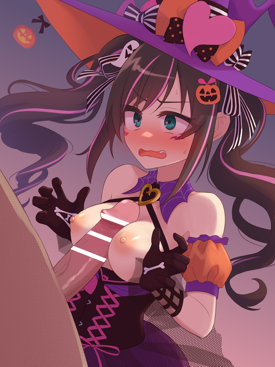 1boy 1girl bangs bare_shoulders blush bone_print breasts breasts_out brooch brown_hair censored corset cross-laced_clothes detached_collar dress facial_mark gloves gradient_background green_eyes halloween halloween_costume halter_dress halterneck hat heart highres jack-o'-lantern jewelry kizuna_ai kizuna_ai_inc. long_hair looking_at_another medium_breasts multicolored_hair nipples off-shoulder_dress off_shoulder open_mouth organ_rn paizuri pointless_censoring simple_background streaked_hair swept_bangs twintails wavy_hair wavy_mouth witch witch_hat