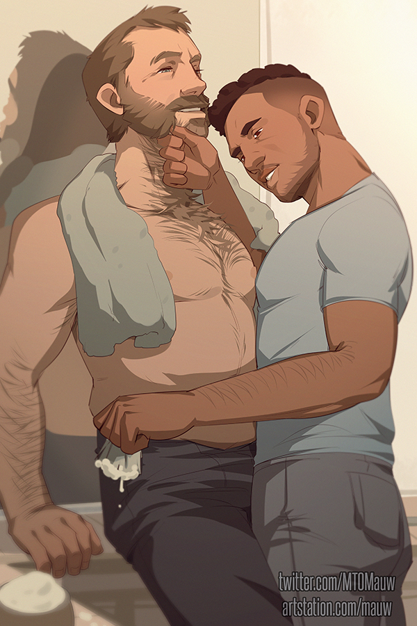 2boys arm_hair artstation_username bara beard black_hair black_pants brown_hair call_of_duty call_of_duty:_modern_warfare_2 chest_hair dark-skinned_male dark_skin facial_hair grey_pants grey_shirt large_pectorals male_focus mto multiple_boys muscular muscular_male nipples pants pectorals shirt short_hair topless_male towel towel_around_neck twitter_username yaoi