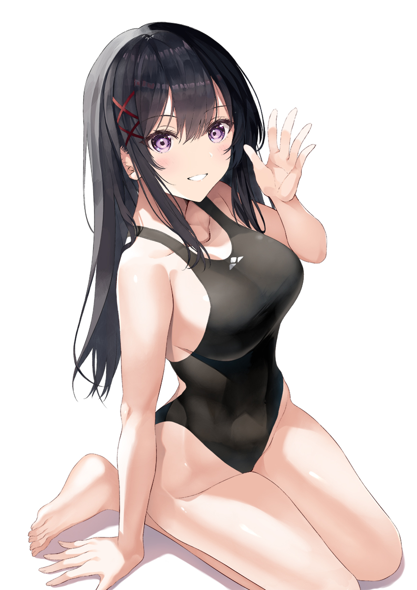 1girl black_hair black_one-piece_swimsuit breasts competition_swimsuit covered_navel grin groin hair_ribbon highres inuzumi_masaki large_breasts long_hair looking_at_viewer one-piece_swimsuit original purple_eyes ribbon simple_background sitting smile solo swimsuit wariza waving white_background