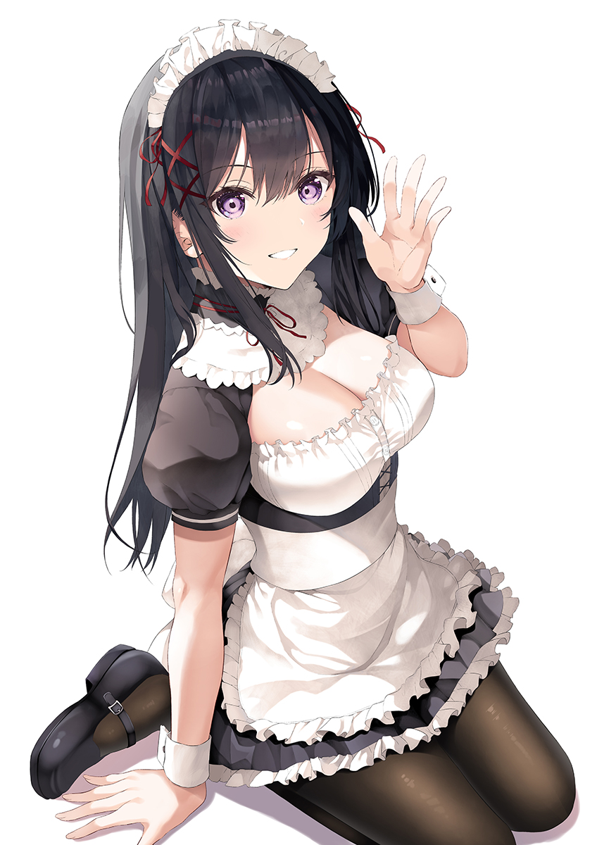 1girl apron black_dress black_footwear black_hair black_pantyhose breasts bustier cleavage dress frilled_apron frilled_dress frilled_shirt frills full_body highres inuzumi_masaki large_breasts long_hair maid maid_headdress mary_janes original pantyhose shirt shoes simple_background solo waist_apron white_apron white_background white_shirt wrist_cuffs