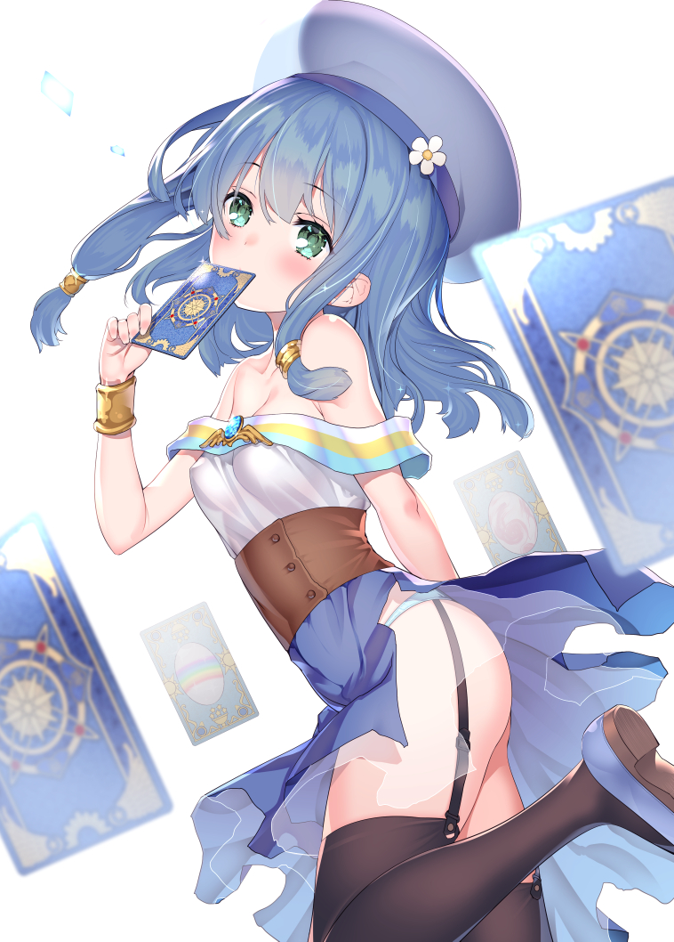 1girl arm_up ass bangs bare_shoulders blue_hair blue_panties blue_skirt blush breasts brown_legwear card closed_mouth coffee_cat commentary_request endro! eyebrows_visible_through_hair flower garter_straps green_eyes hair_between_eyes hair_ornament hairband hat holding holding_card jewelry leg_up long_hair looking_at_viewer meiza_endust multicolored multicolored_clothes off-shoulder_shirt off_shoulder panties see-through shirt shoes sidelocks skirt small_breasts solo standing thighhighs underwear white_flower